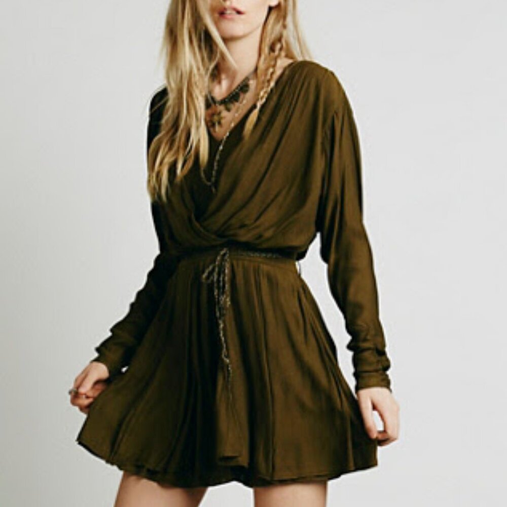 Free People Long Sleeve Faux Wrap Mini Dress in Olive, size 4